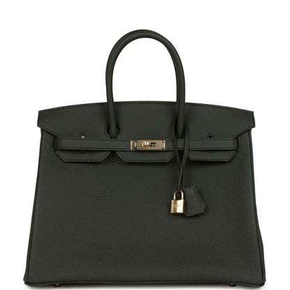 Birkin 35 dark green leather handbag with top handles and front lock hardware