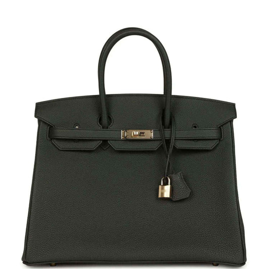 Birkin 35 dark green leather handbag with top handles and front lock hardware