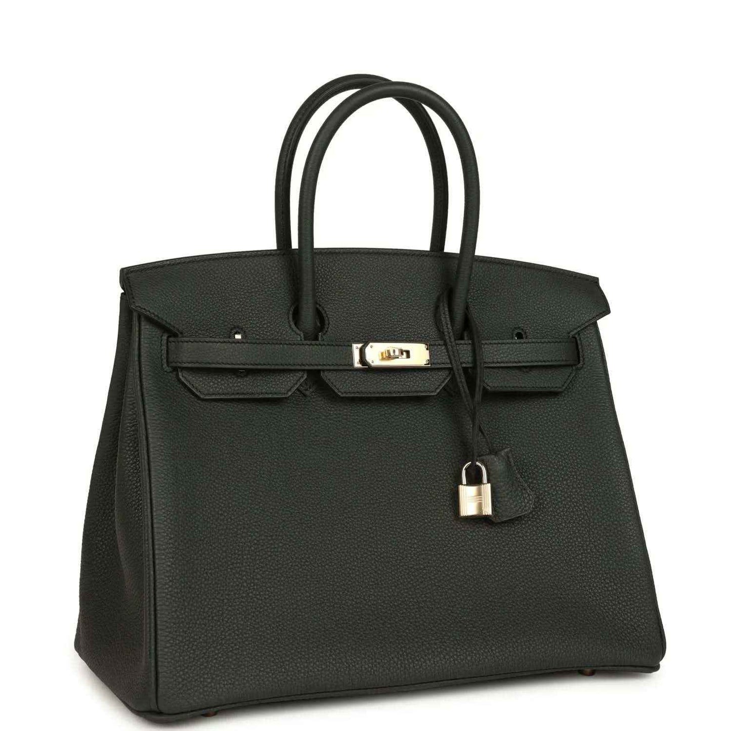 Birkin 35 dark green leather handbag with top handles and front lock, angled view