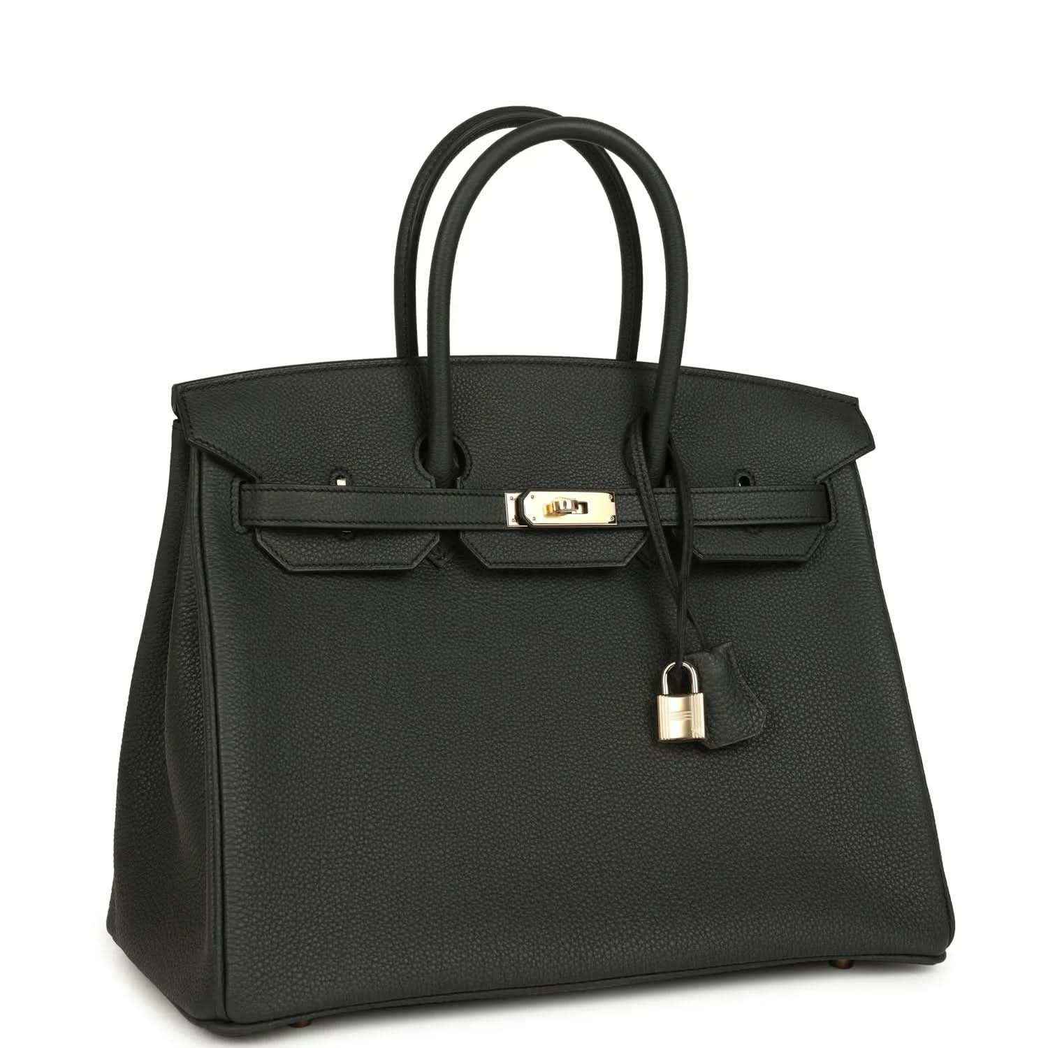 Birkin 35 dark green leather handbag with top handles and front lock, angled view