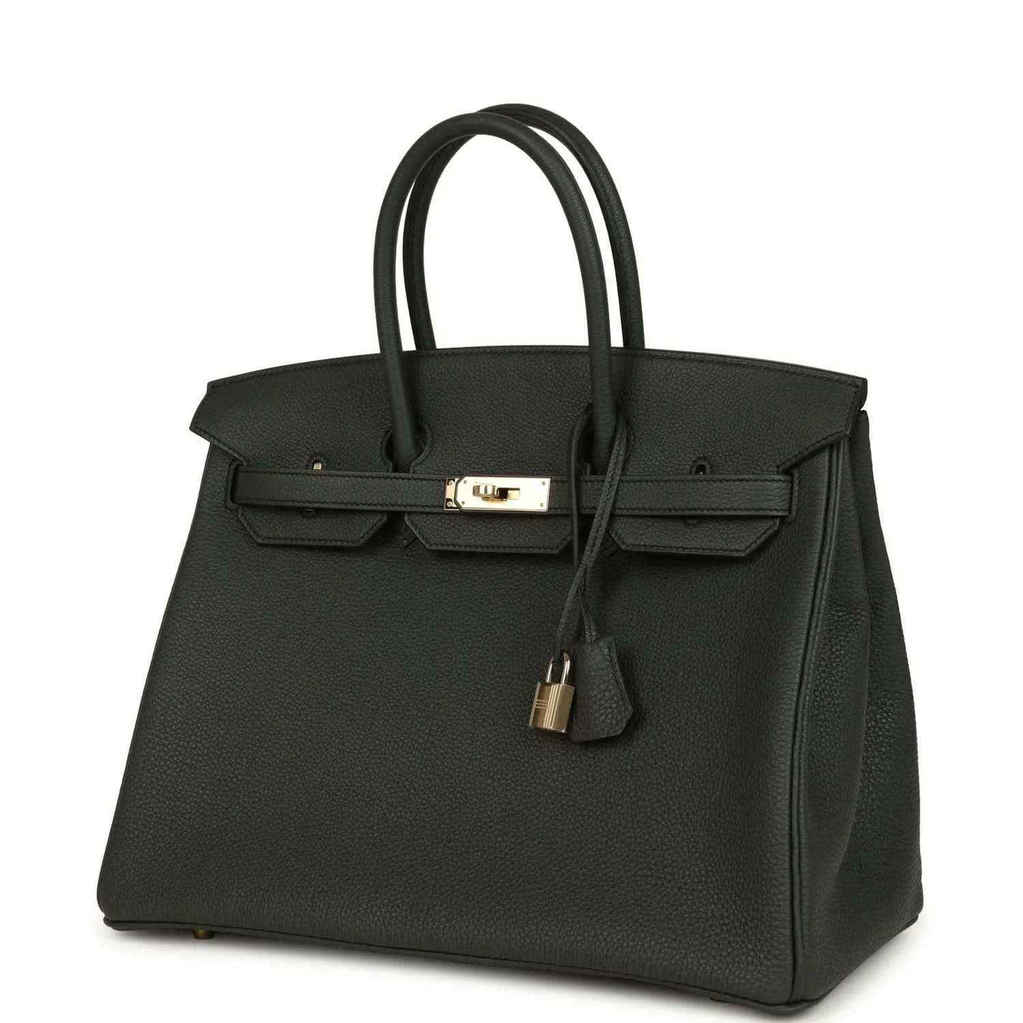 Birkin 35 dark green leather handbag with top handles and front lock, 3/4 view