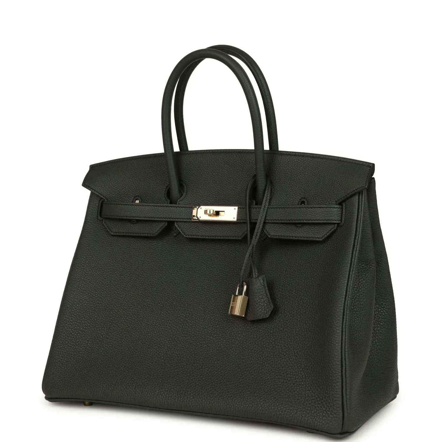 Birkin 35 dark green leather handbag with top handles and front lock, 3/4 view