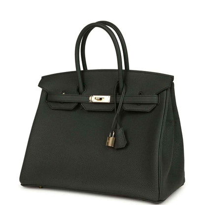 Birkin 35 dark green leather handbag with top handles and front lock, 3/4 view