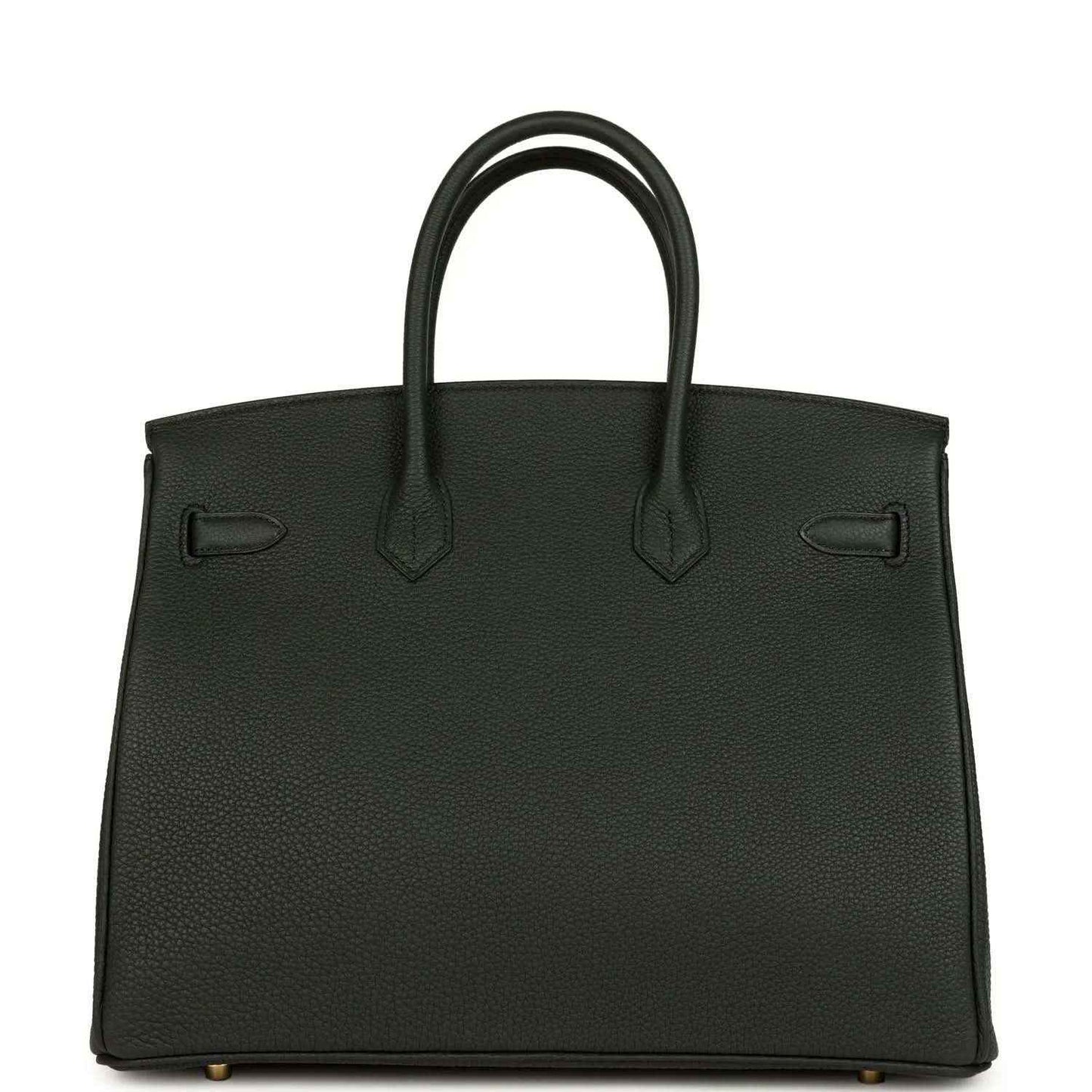 Birkin 35 dark green leather handbag front panel with top handles