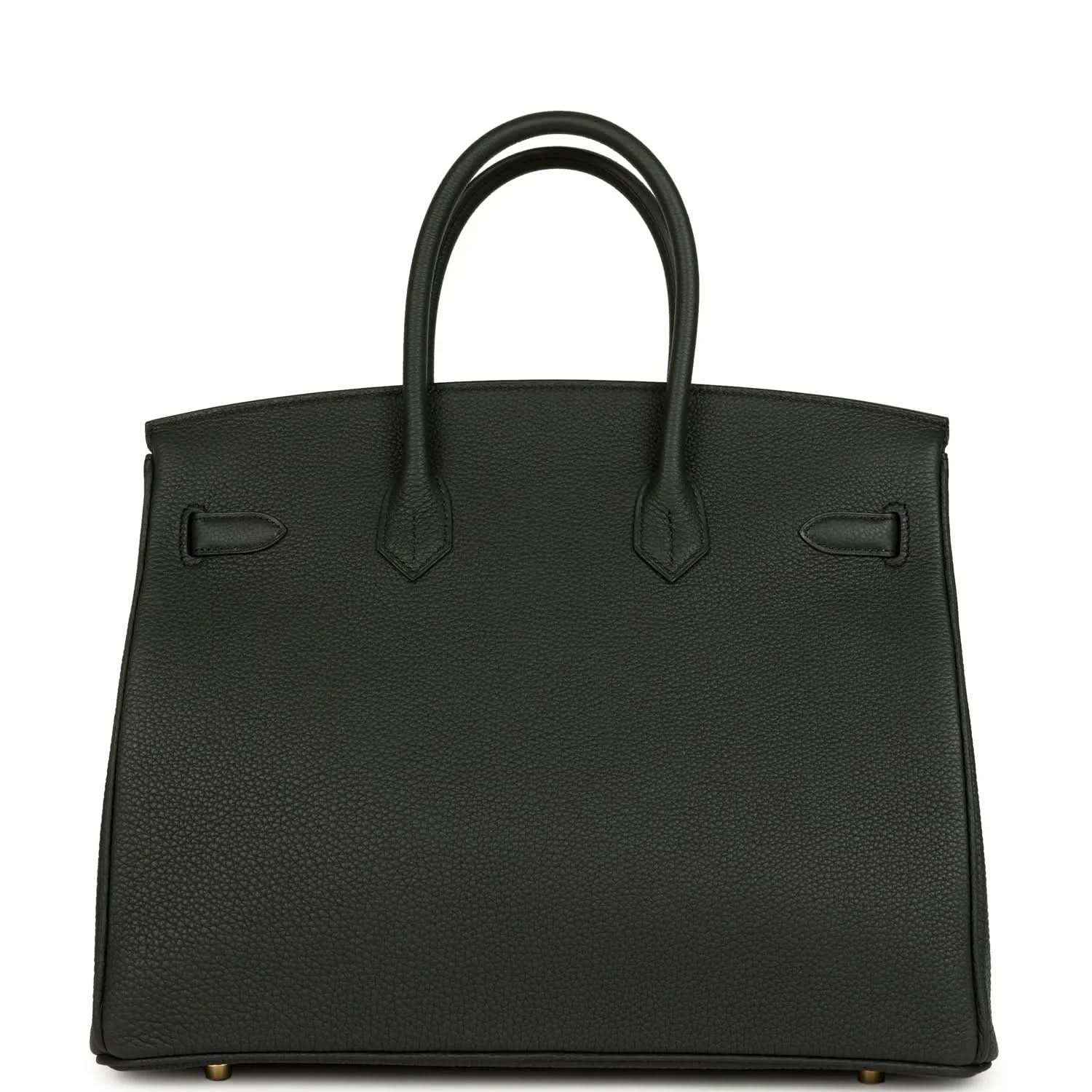 Birkin 35 dark green leather handbag front panel with top handles