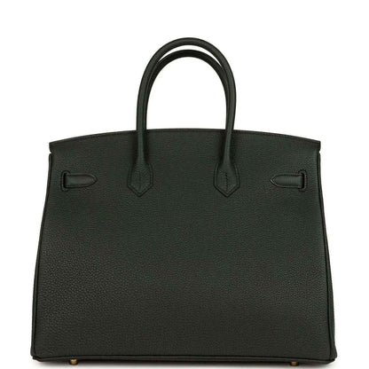 Birkin 35 dark green leather handbag front panel with top handles