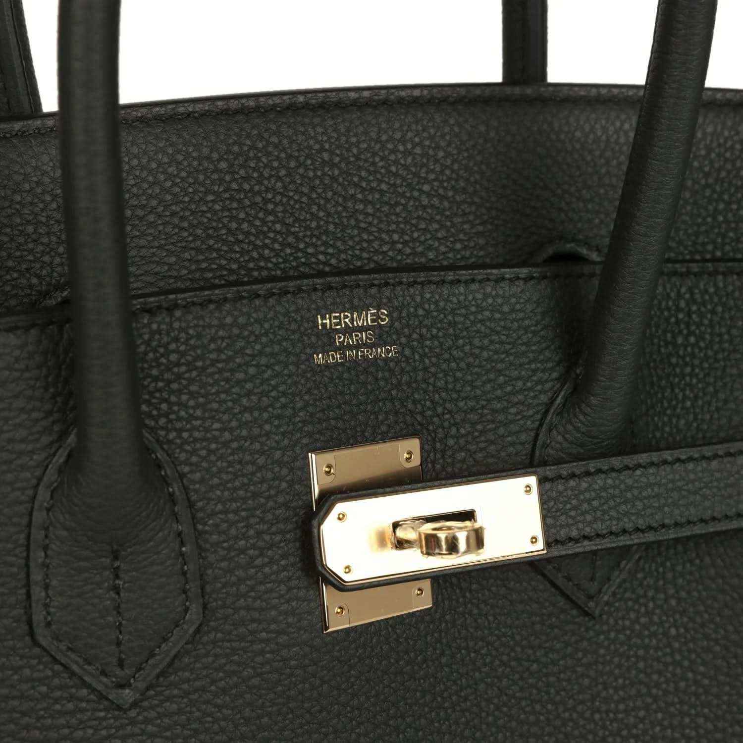 Birkin 35 dark green leather handbag interior pocket with Hermes stamp and clasp plate