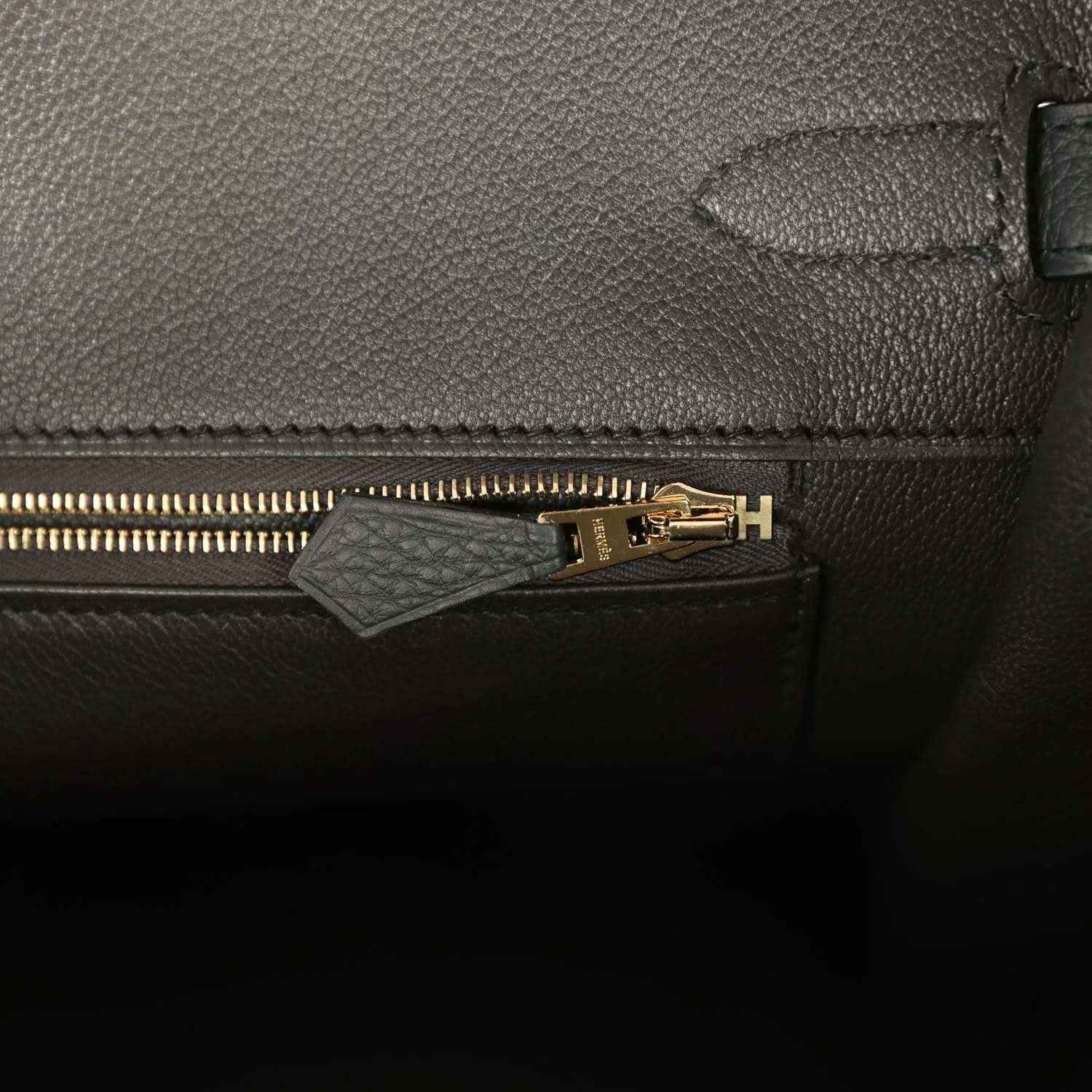 Birkin 35 leather handbag zip pocket closeup with gold-tone zipper pull