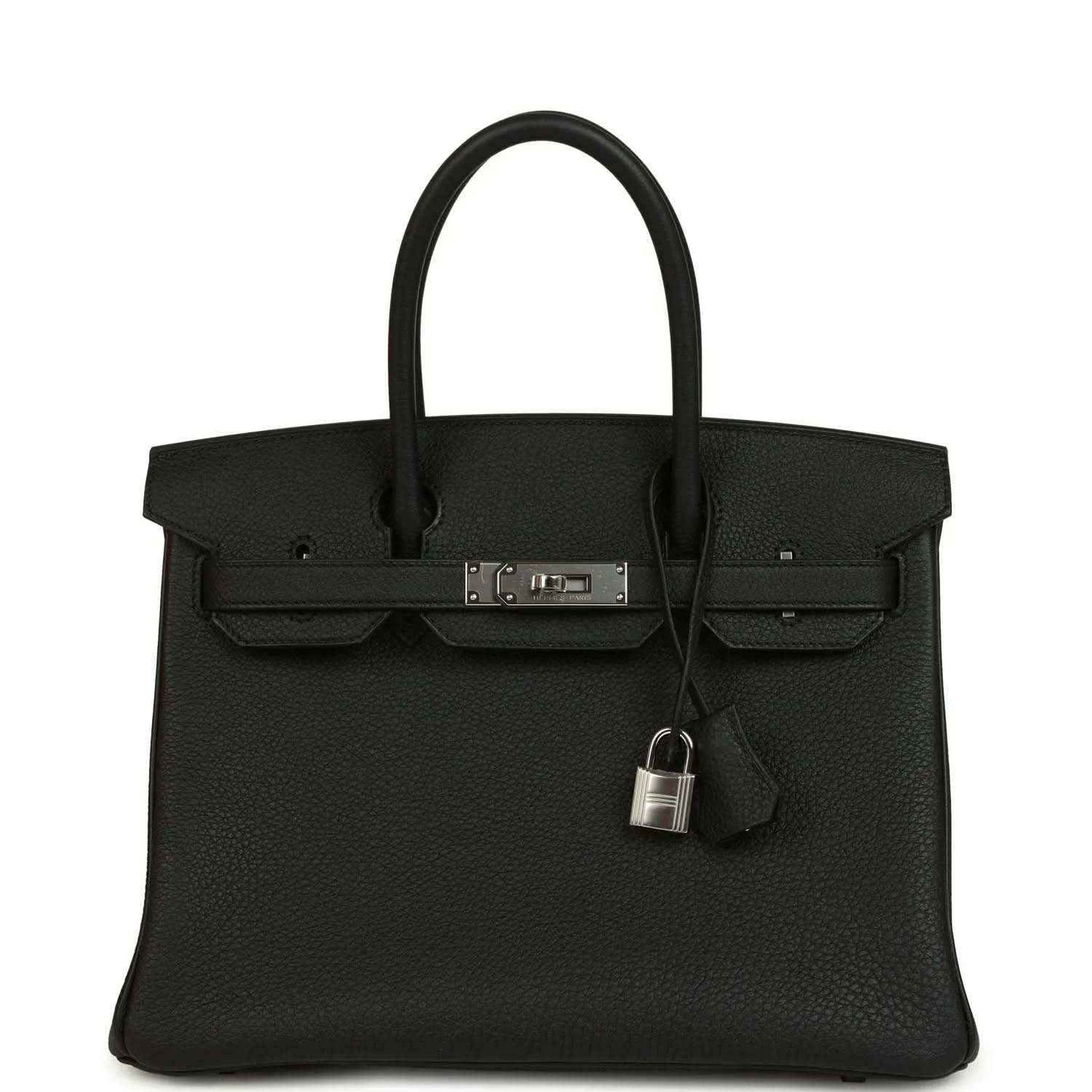 Black leather Birkin-style handbag with top handles, front flap and lock clasp detail.