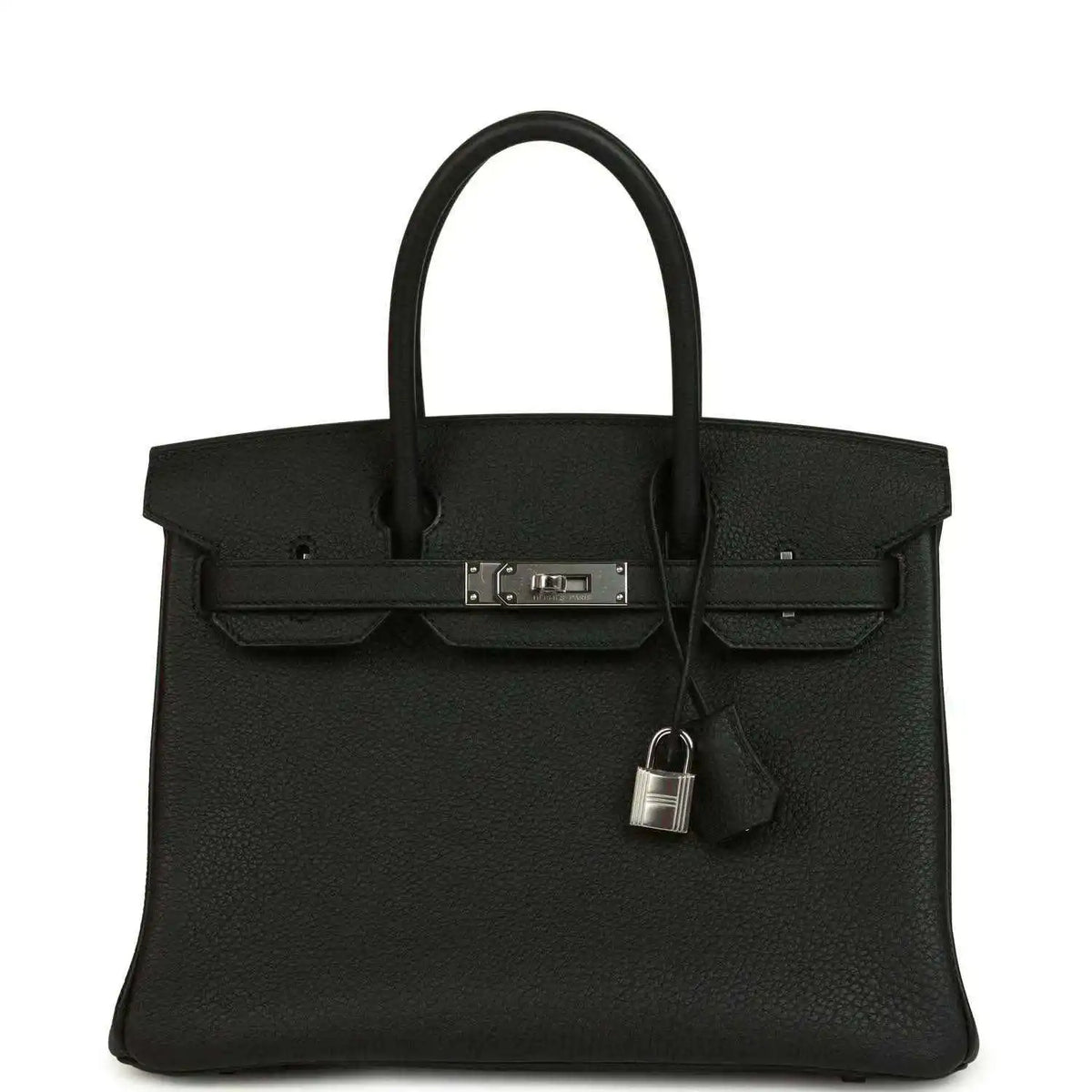 Black leather Birkin-style handbag with top handles, front flap and lock clasp detail.