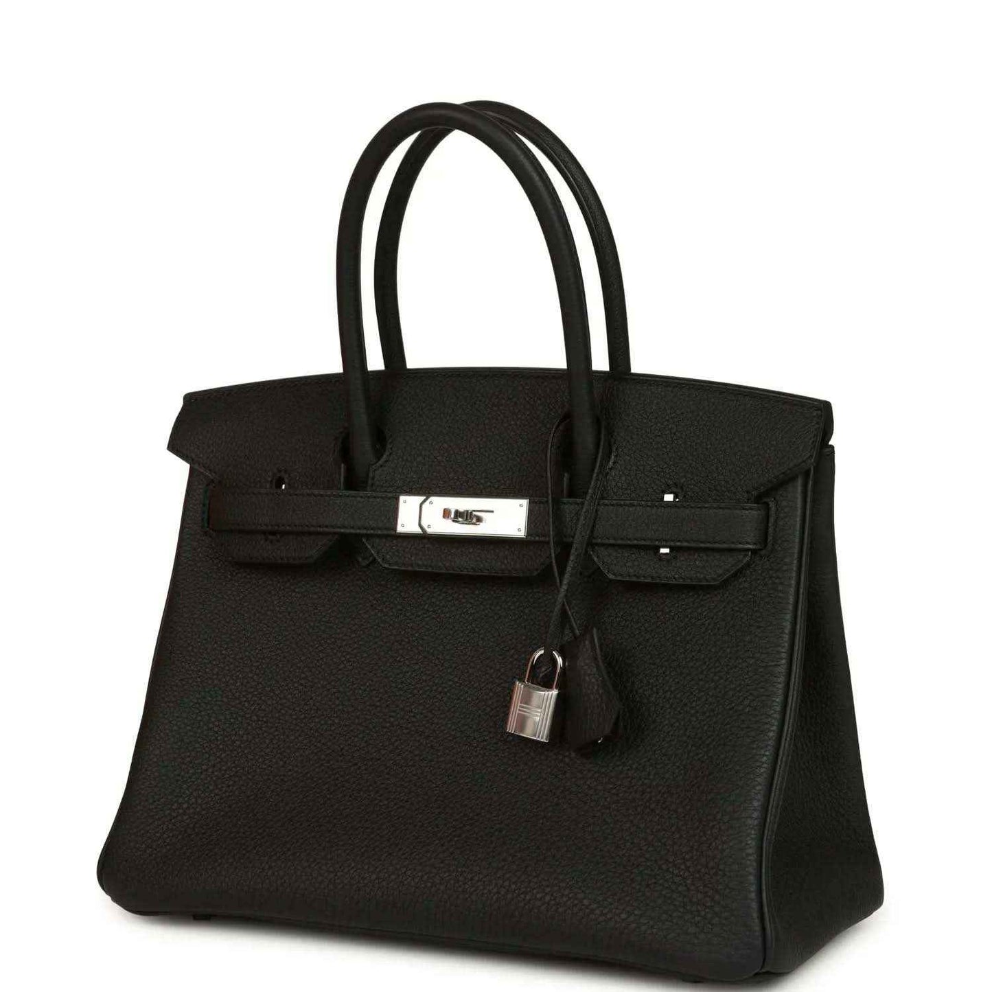 Black leather Birkin-style handbag with top handles, front flap and lock clasp.