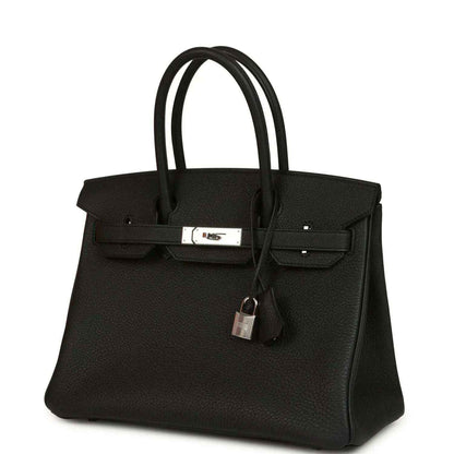 Black leather Birkin-style handbag with top handles, front flap and lock clasp.