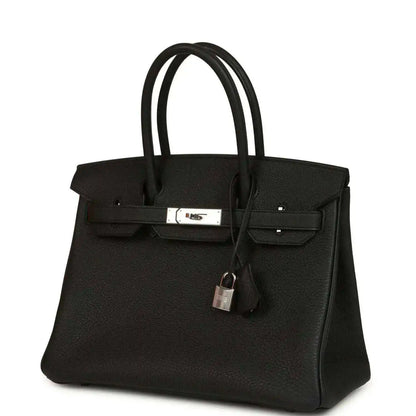 Black leather Birkin-style handbag with top handles, front flap and lock clasp.