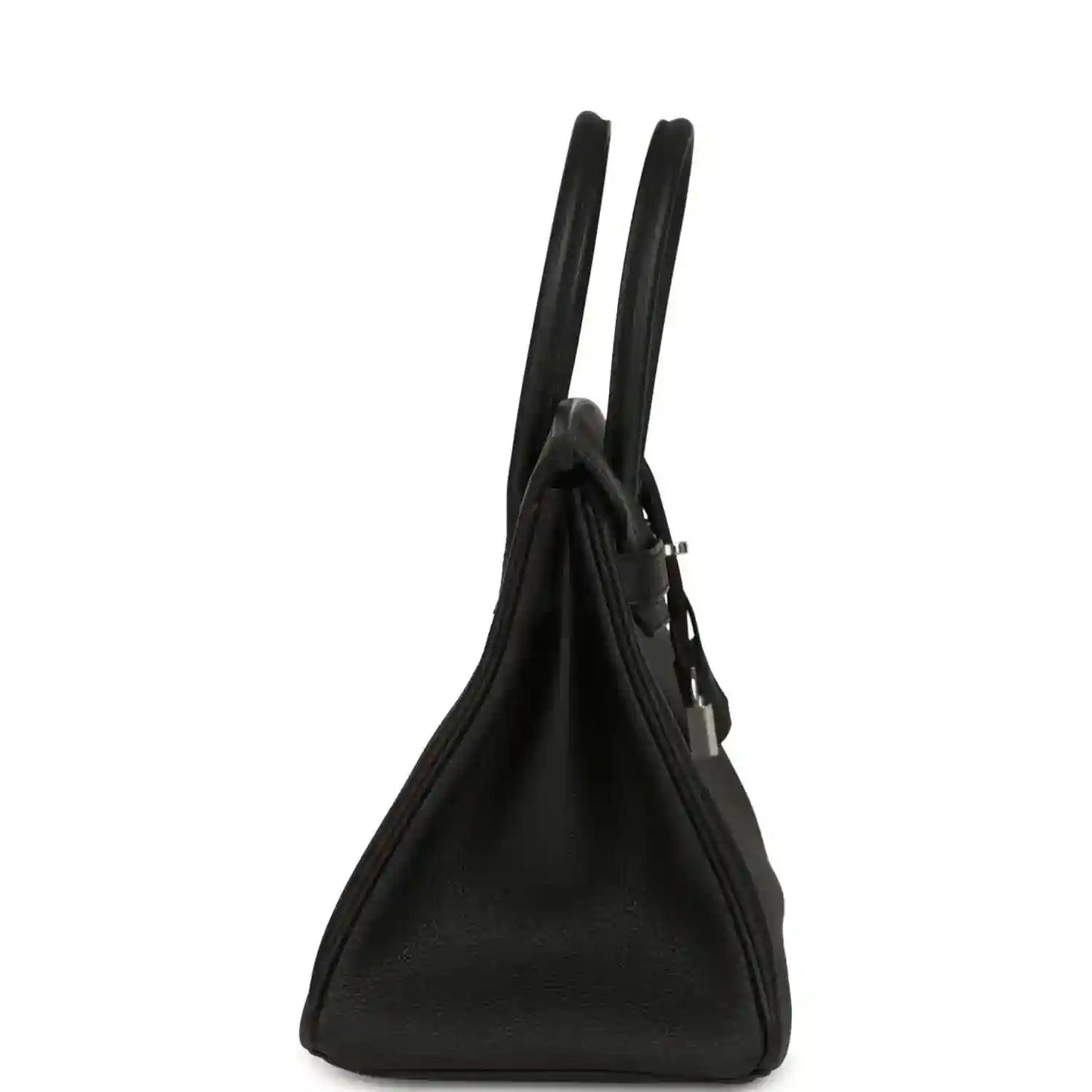 Black leather handbag side view with tall handles, gusseted bottom and hardware.