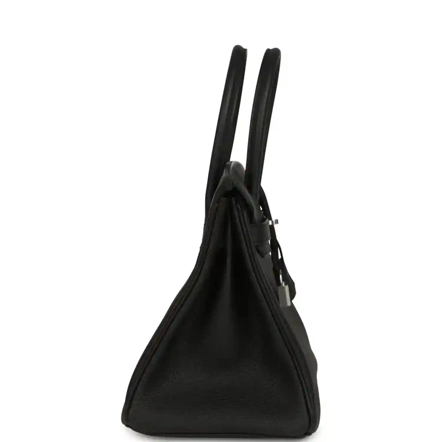 Black leather handbag side view with tall handles, gusseted bottom and hardware.