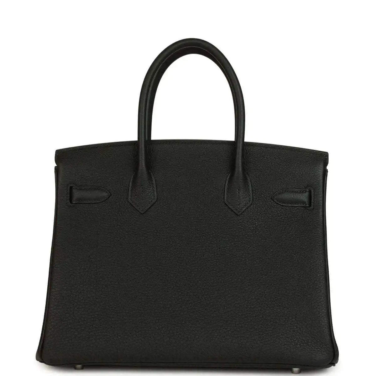 Black leather handbag front with top handles, stitched seams and flap pocket detailing.