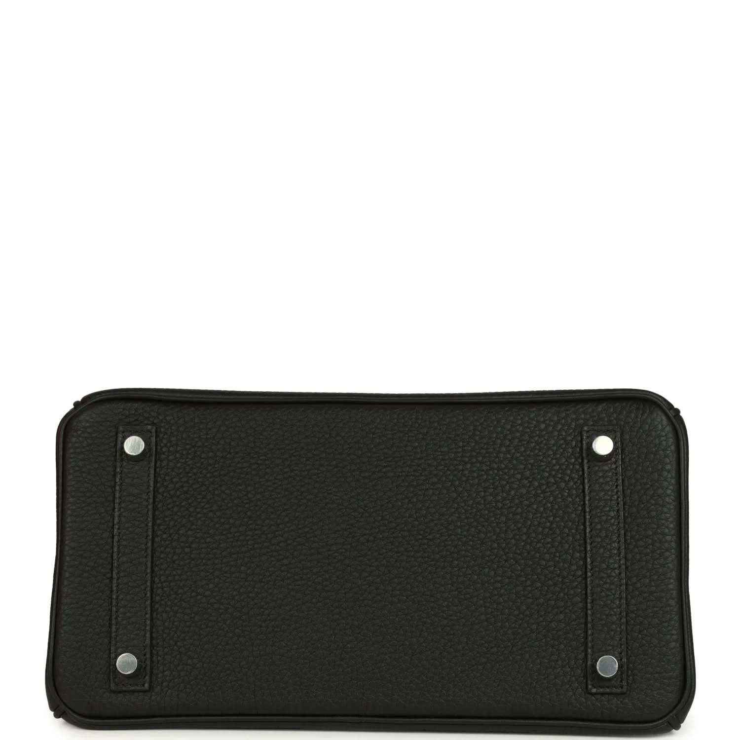 Black leather interior zip pouch with snap tabs, rectangular panel and silver hardware.