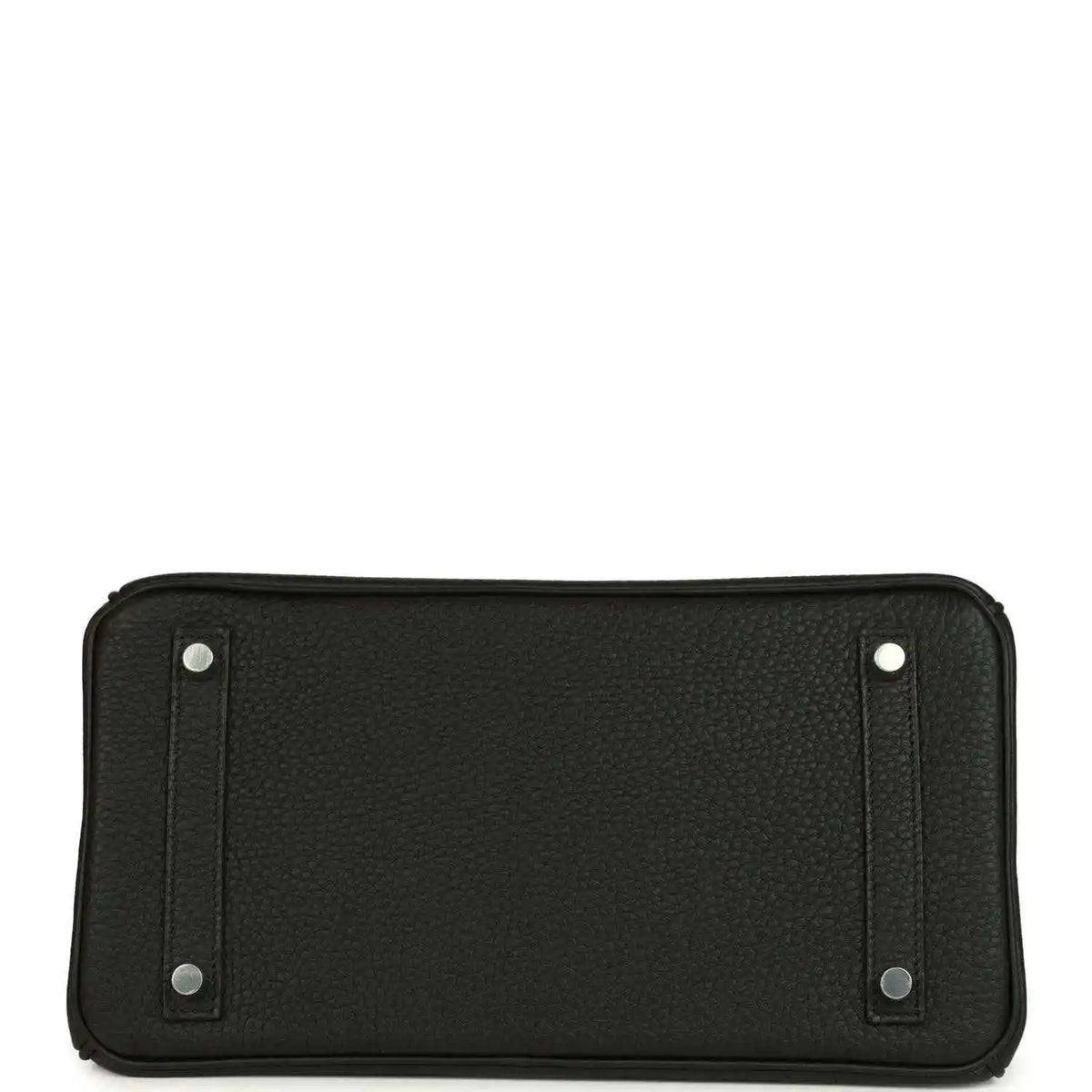 Black leather interior zip pouch with snap tabs, rectangular panel and silver hardware.