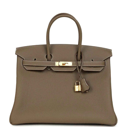 Taupe Birkin 35 handbag in pebbled Togo leather with gold-tone turn-lock and strap handles