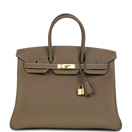 Taupe Birkin 35 handbag in pebbled Togo leather with gold-tone turn-lock and strap handles