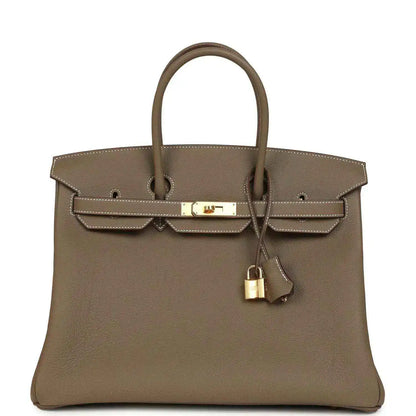 Taupe Birkin 35 handbag in pebbled Togo leather with gold-tone turn-lock and strap handles