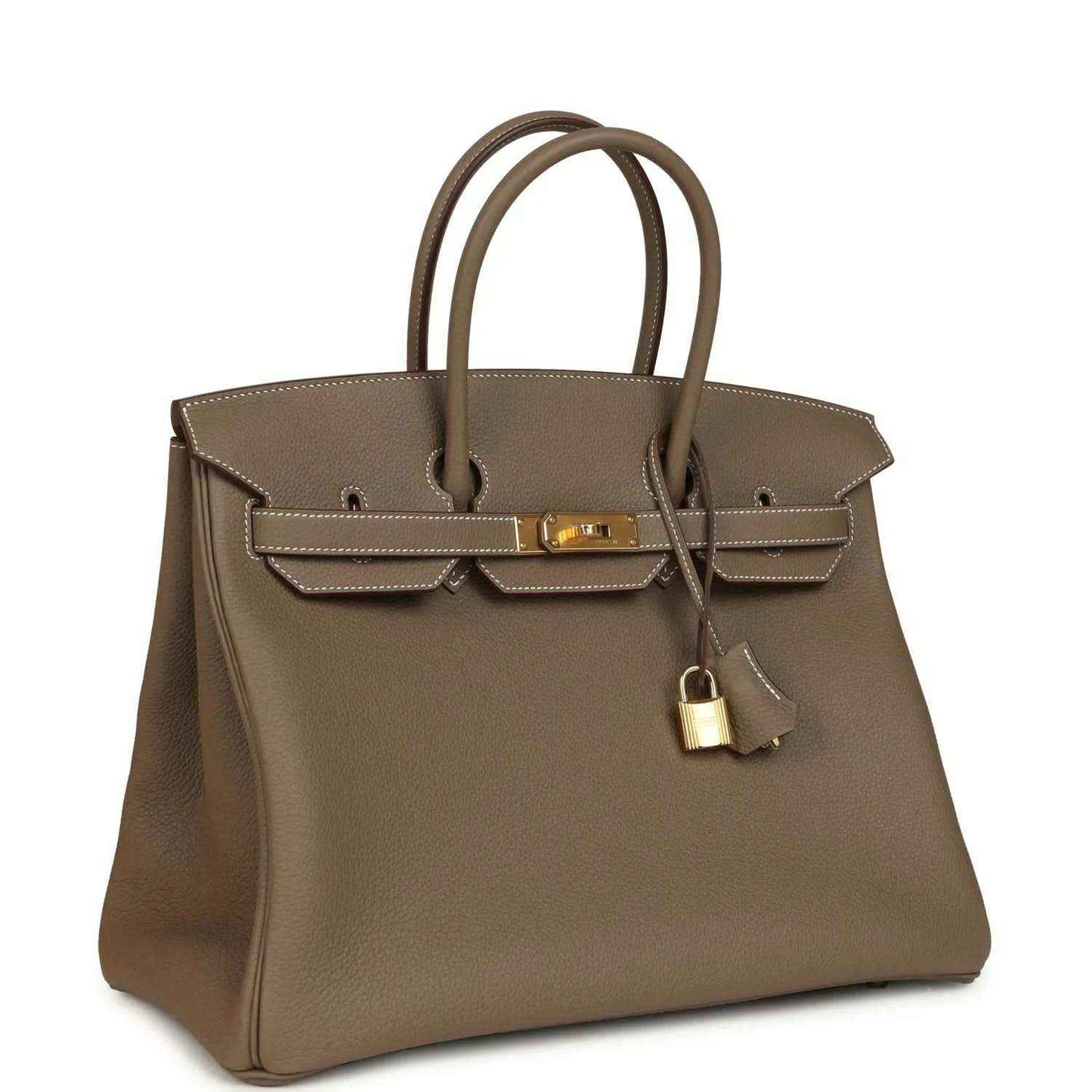 Taupe Birkin 35 handbag with gold-tone turn-lock and hanging key charm, pebbled leather