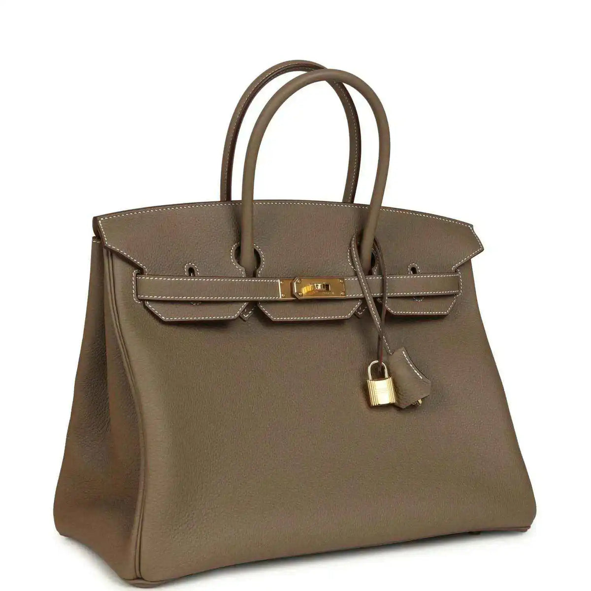 Taupe Birkin 35 handbag with gold-tone turn-lock and hanging key charm, pebbled leather