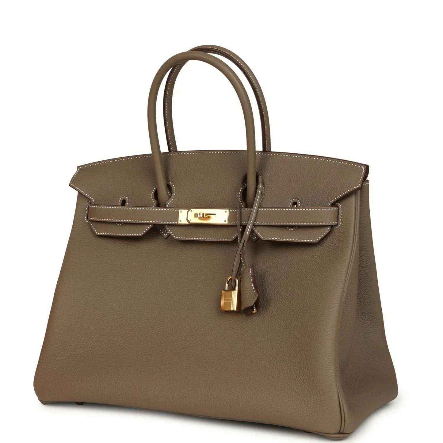 Taupe Birkin 35 handbag front view with gold-tone lock plate and double top handles