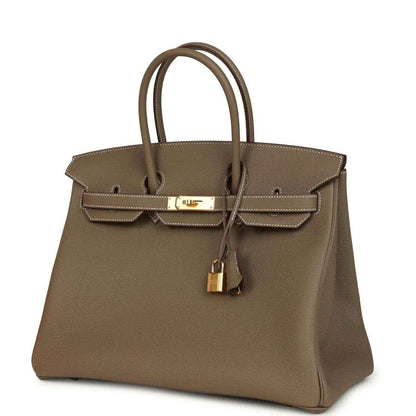 Taupe Birkin 35 handbag front view with gold-tone lock plate and double top handles