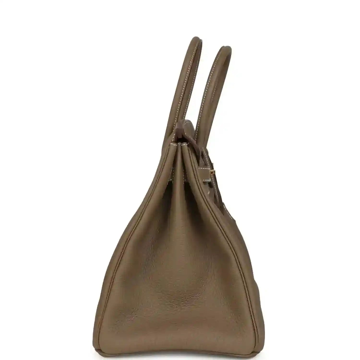 Taupe Birkin 35 handbag side view with two handles and pebbled leather body