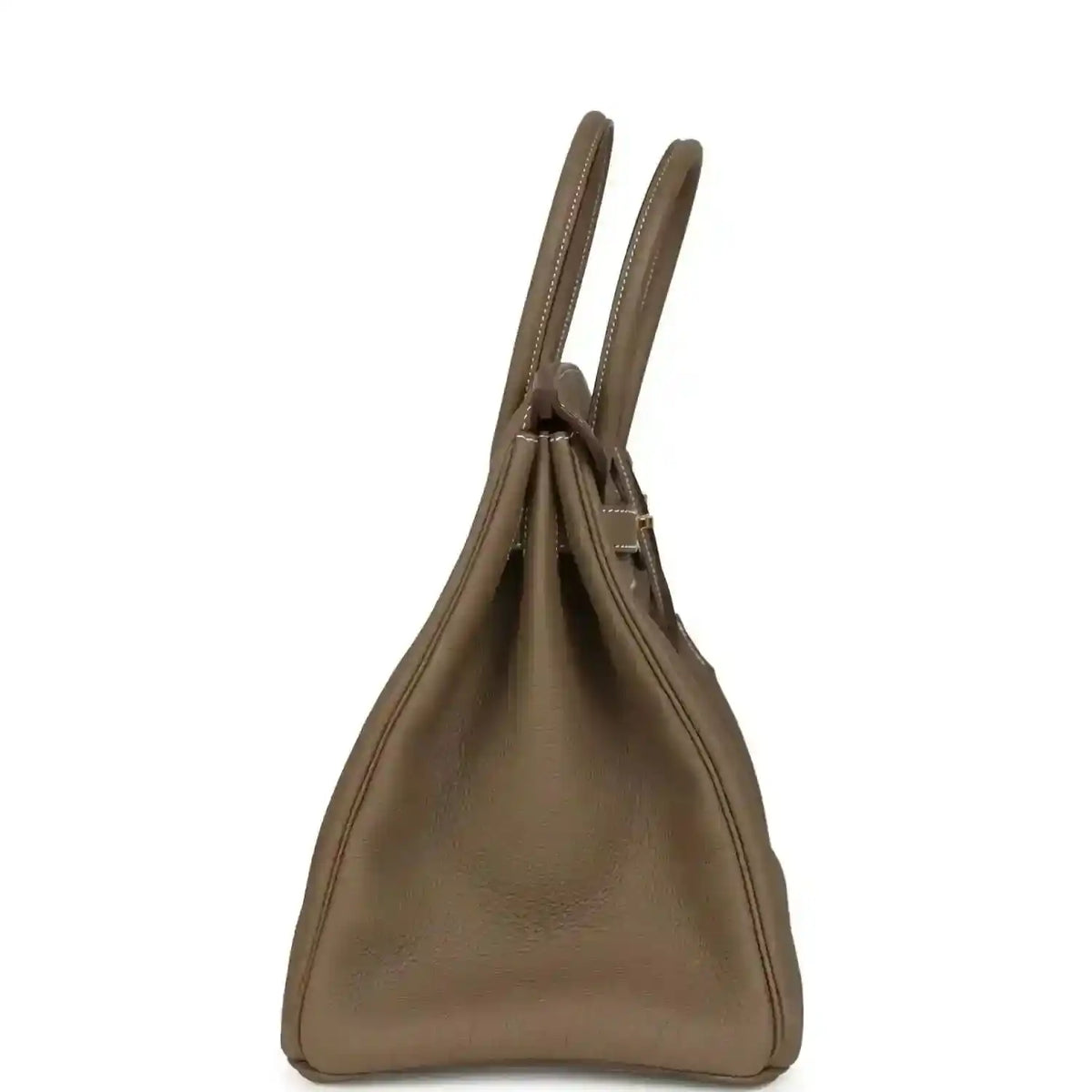 Taupe Birkin 35 handbag side view with two handles and pebbled leather body