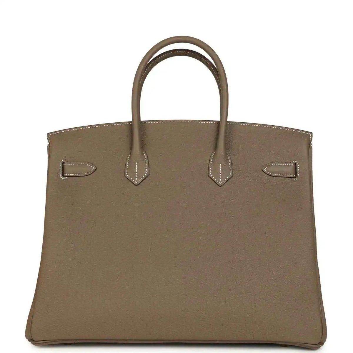 Taupe Birkin 35 handbag top view with front flap pockets and contrast white stitching