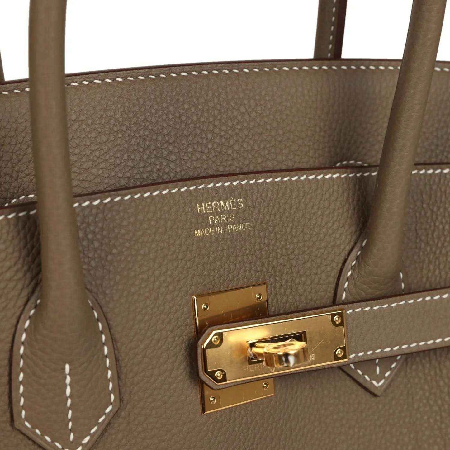 Interior lining of Birkin 35 handbag with 'Hermès' stamp and gold-tone lock hardware