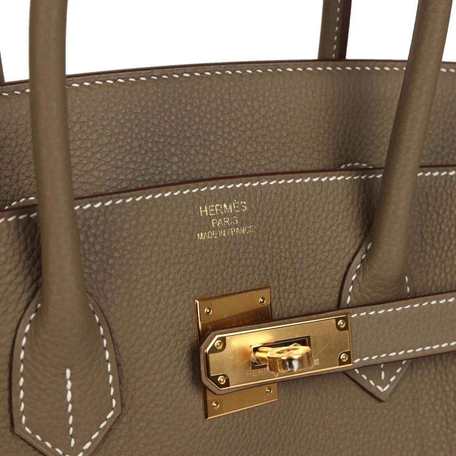 Interior lining of Birkin 35 handbag with 'Hermès' stamp and gold-tone lock hardware