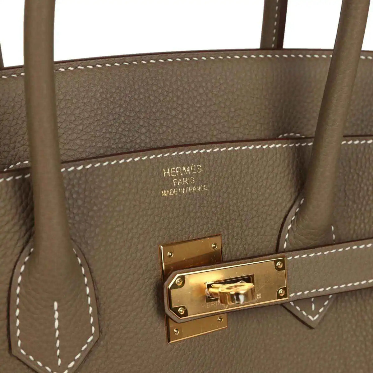Interior lining of Birkin 35 handbag with 'Hermès' stamp and gold-tone lock hardware