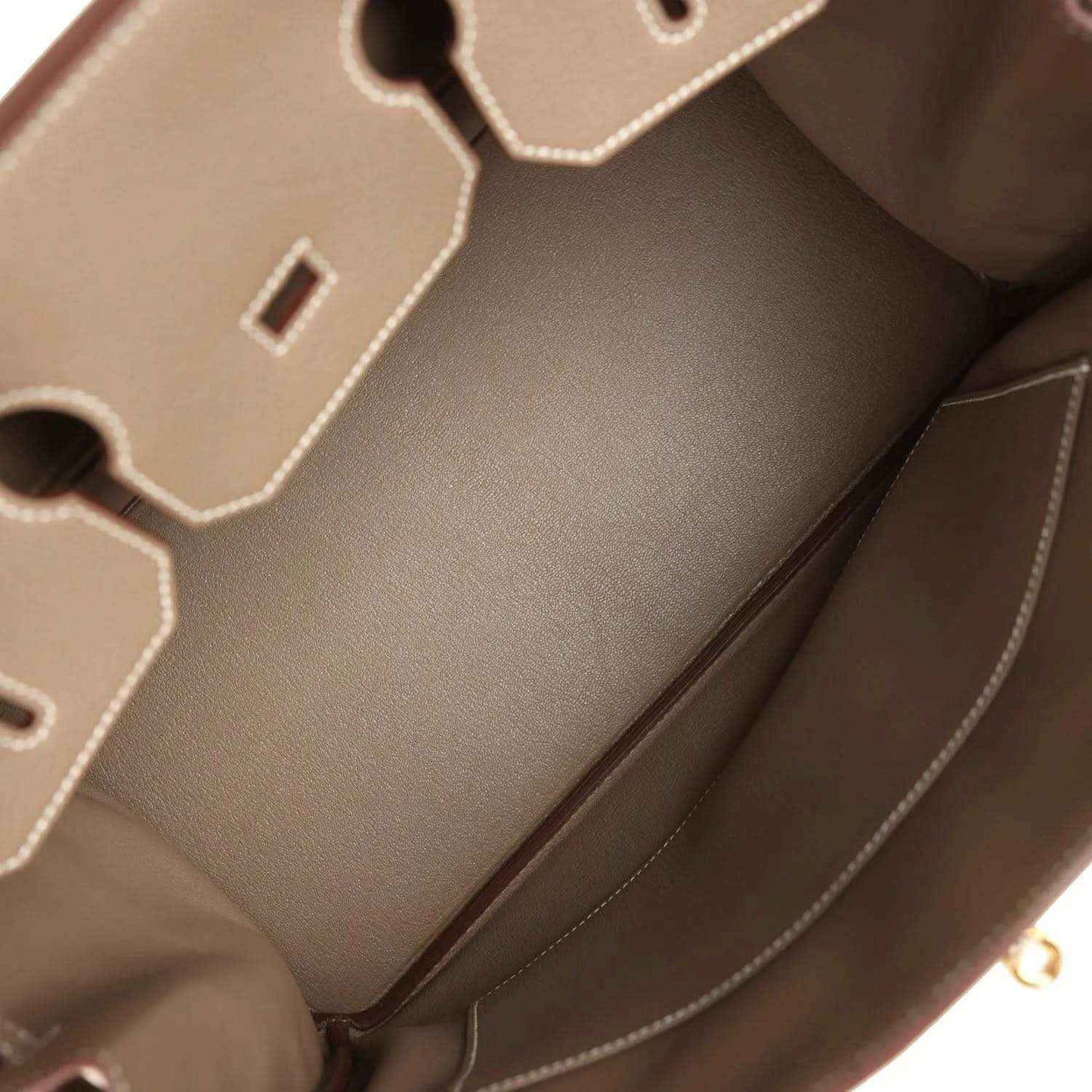 Birkin 35 handbag interior pocket view with pebbled leather and contrast white edging