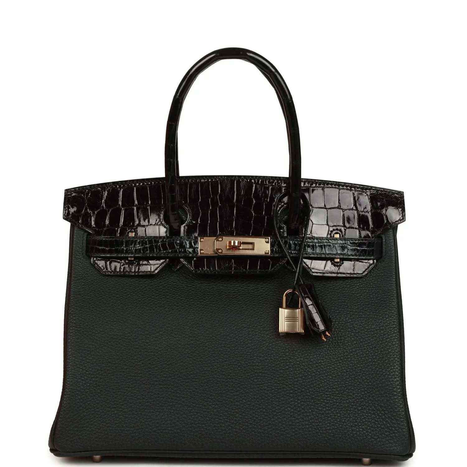 Dark green leather handbag with crocodile-effect top flap and gold-tone clasp