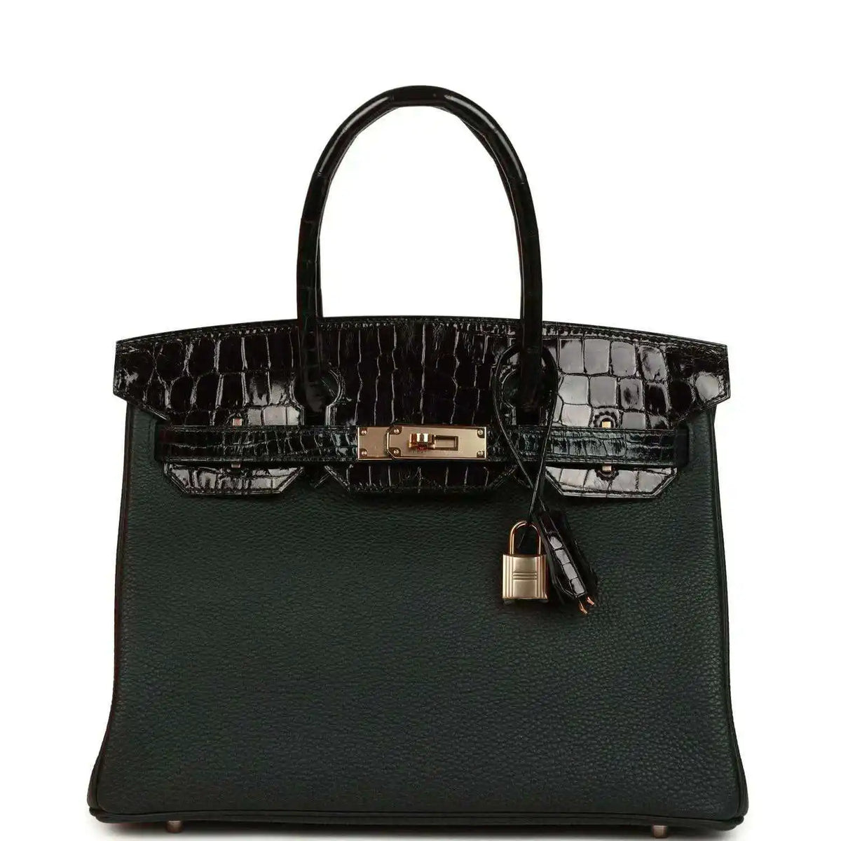 Dark green leather handbag with crocodile-effect top flap and gold-tone clasp
