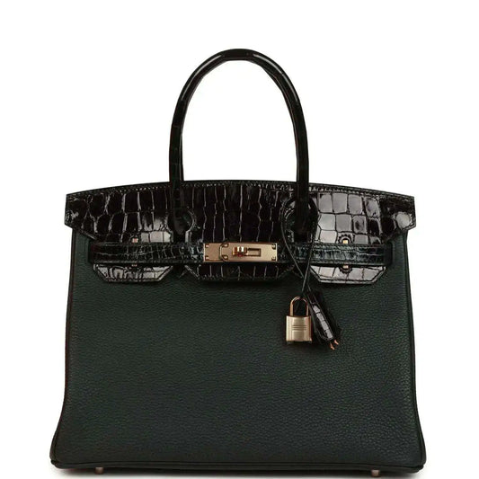 Dark green leather handbag with crocodile-effect top flap and gold-tone clasp