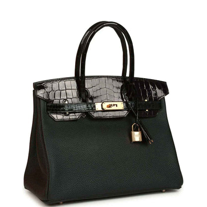 Dark green leather handbag with contrast crocodile-effect top band and gold-tone clasp