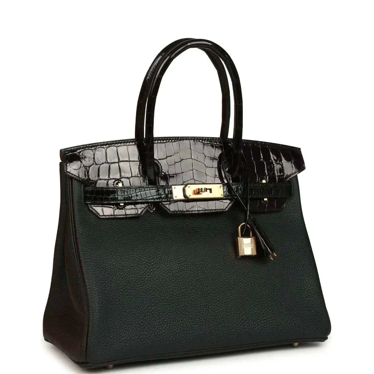 Dark green leather handbag with contrast crocodile-effect top band and gold-tone clasp