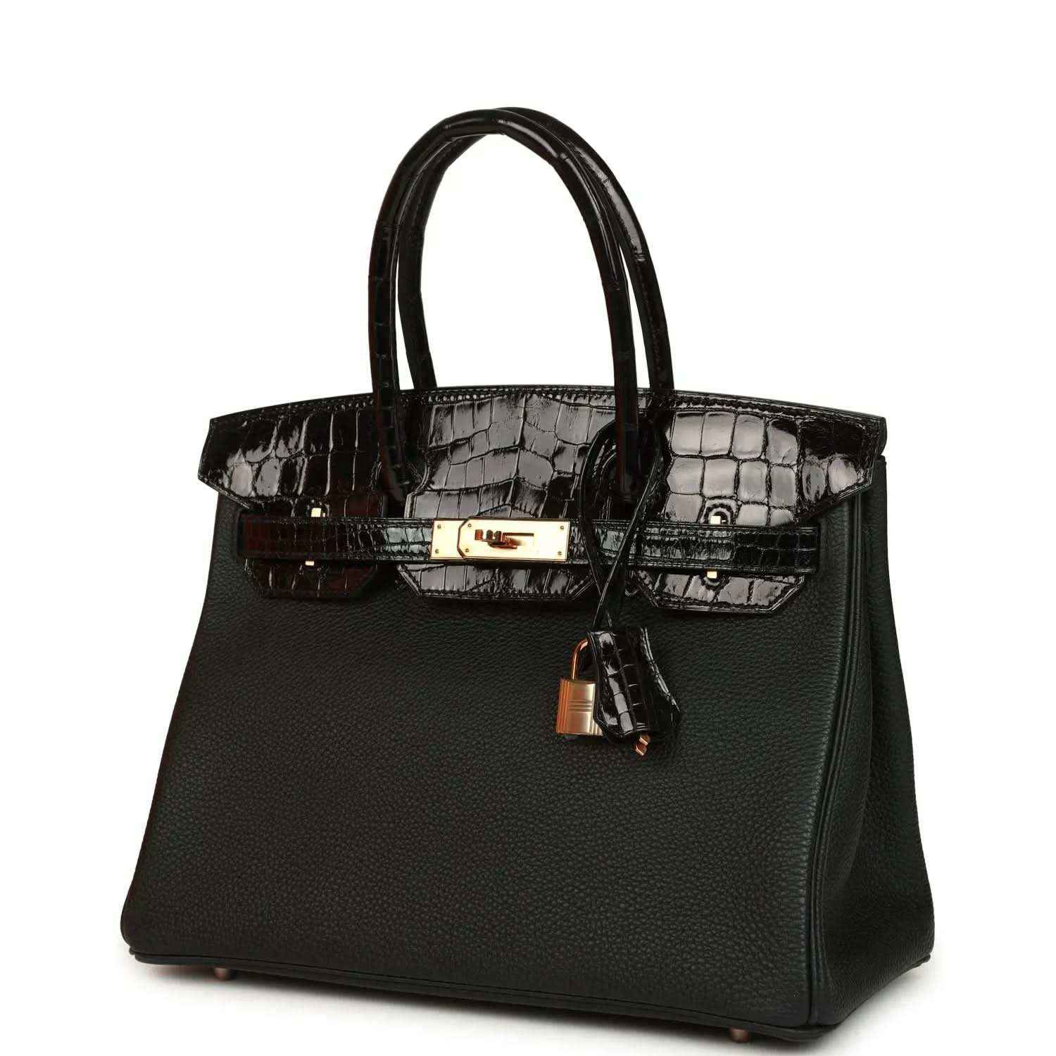 Dark green leather handbag with glossy crocodile-effect top flap and gold-tone clasp