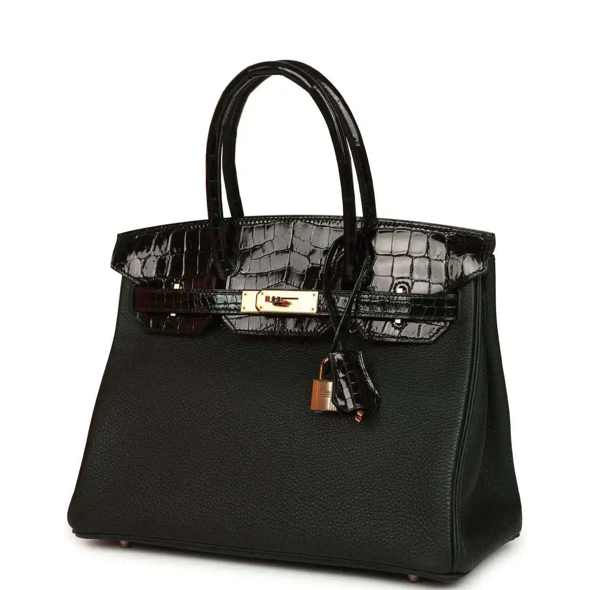 Dark green leather handbag with glossy crocodile-effect top flap and gold-tone clasp