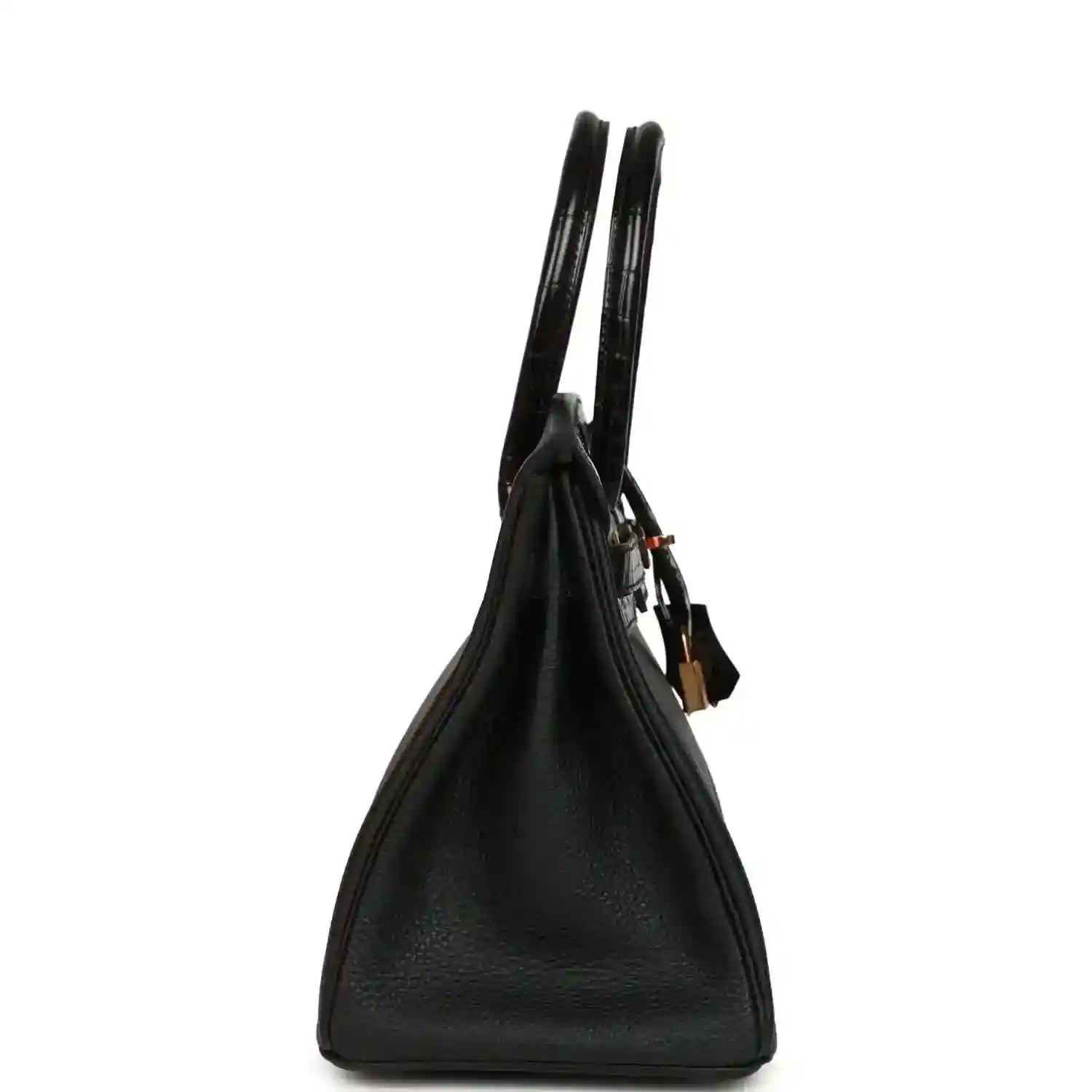 Dark green leather handbag with two short handles and hanging lock charm