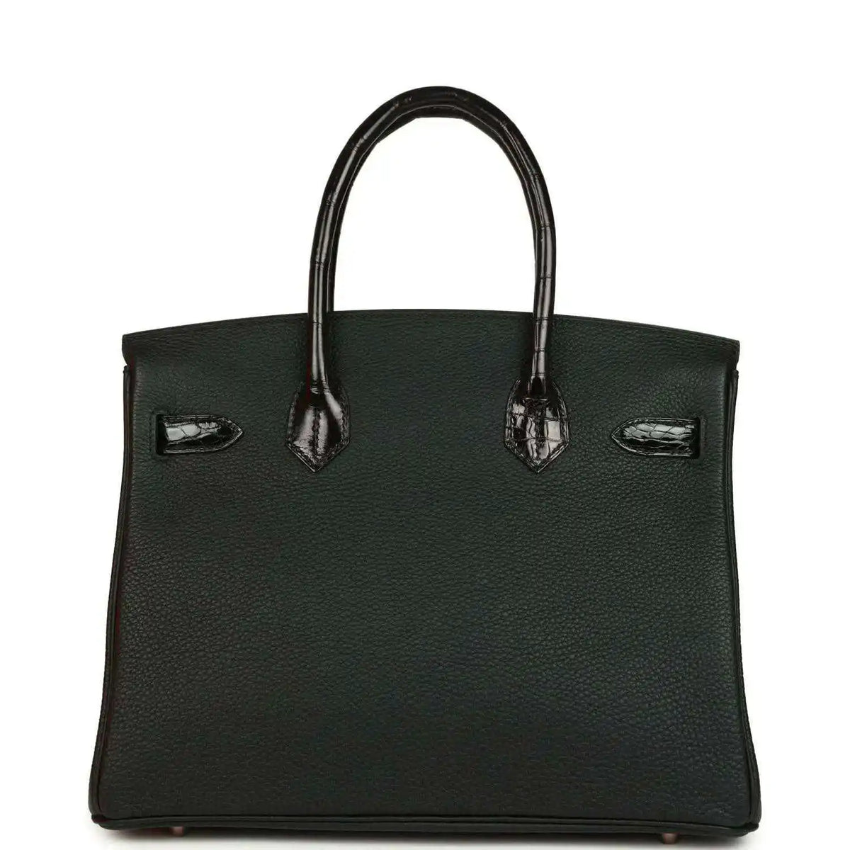 Dark green leather handbag with crocodile-effect trim and front lock hardware