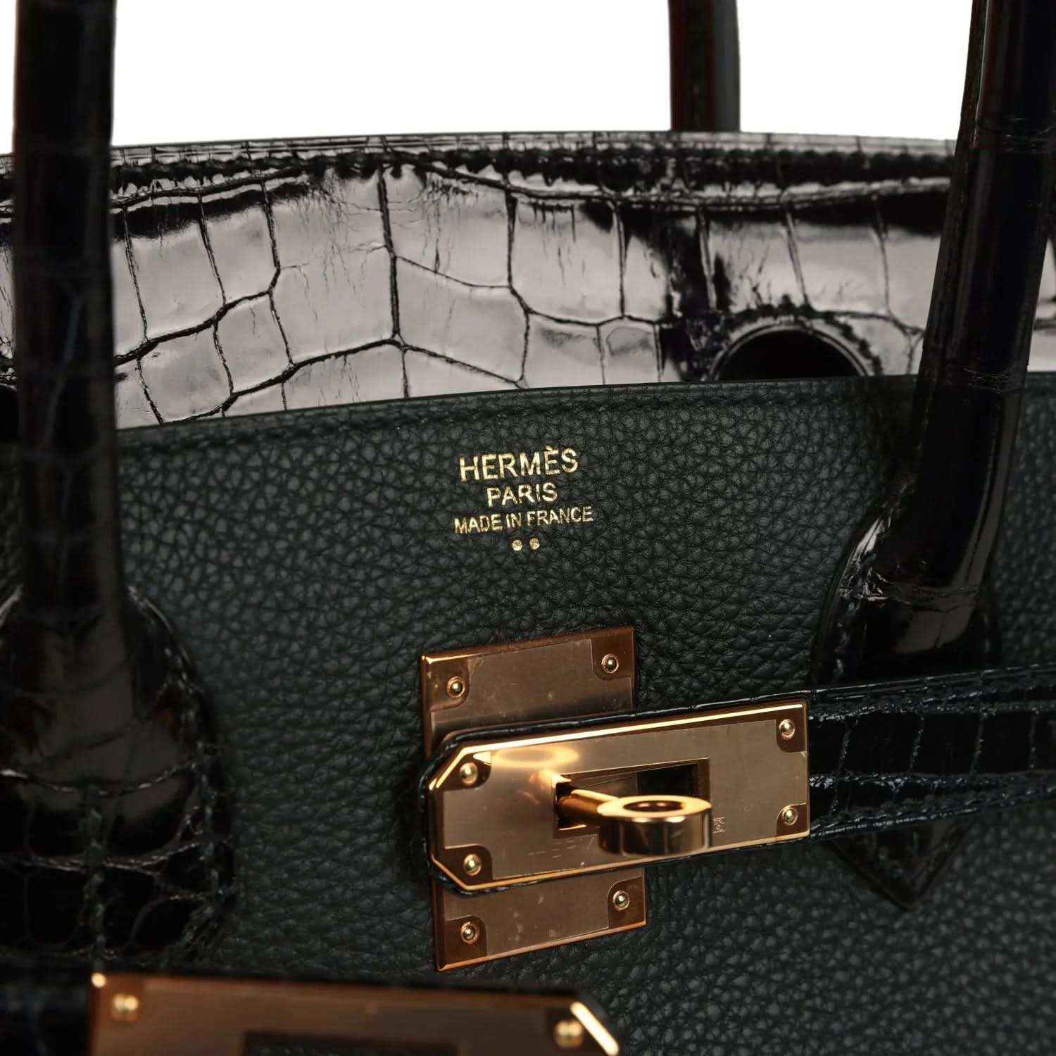 Dark green leather and crocodile-effect handbag with gold-tone lock plate and logo