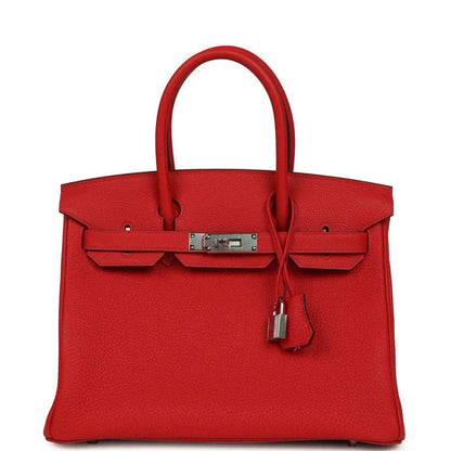 Red Togo leather Birkin 30 bag with two top handles, front clasp lock, palladium hardware.
