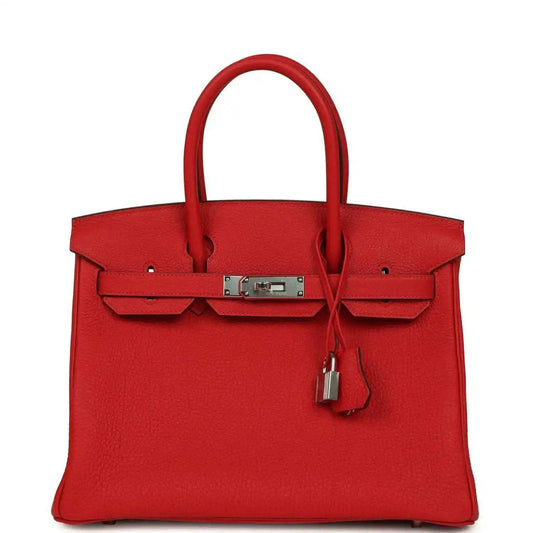 Red Togo leather Birkin 30 bag with two top handles, front clasp lock, palladium hardware.