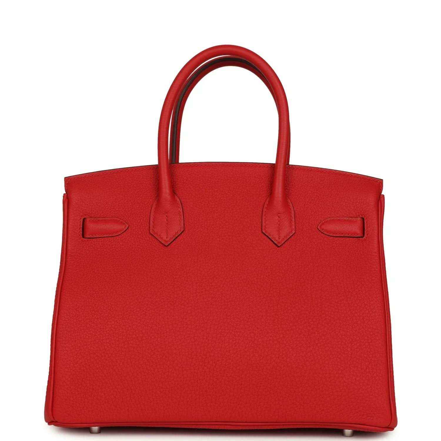 Red Togo leather Birkin 30 bag back view with two top handles and embossed leather details.
