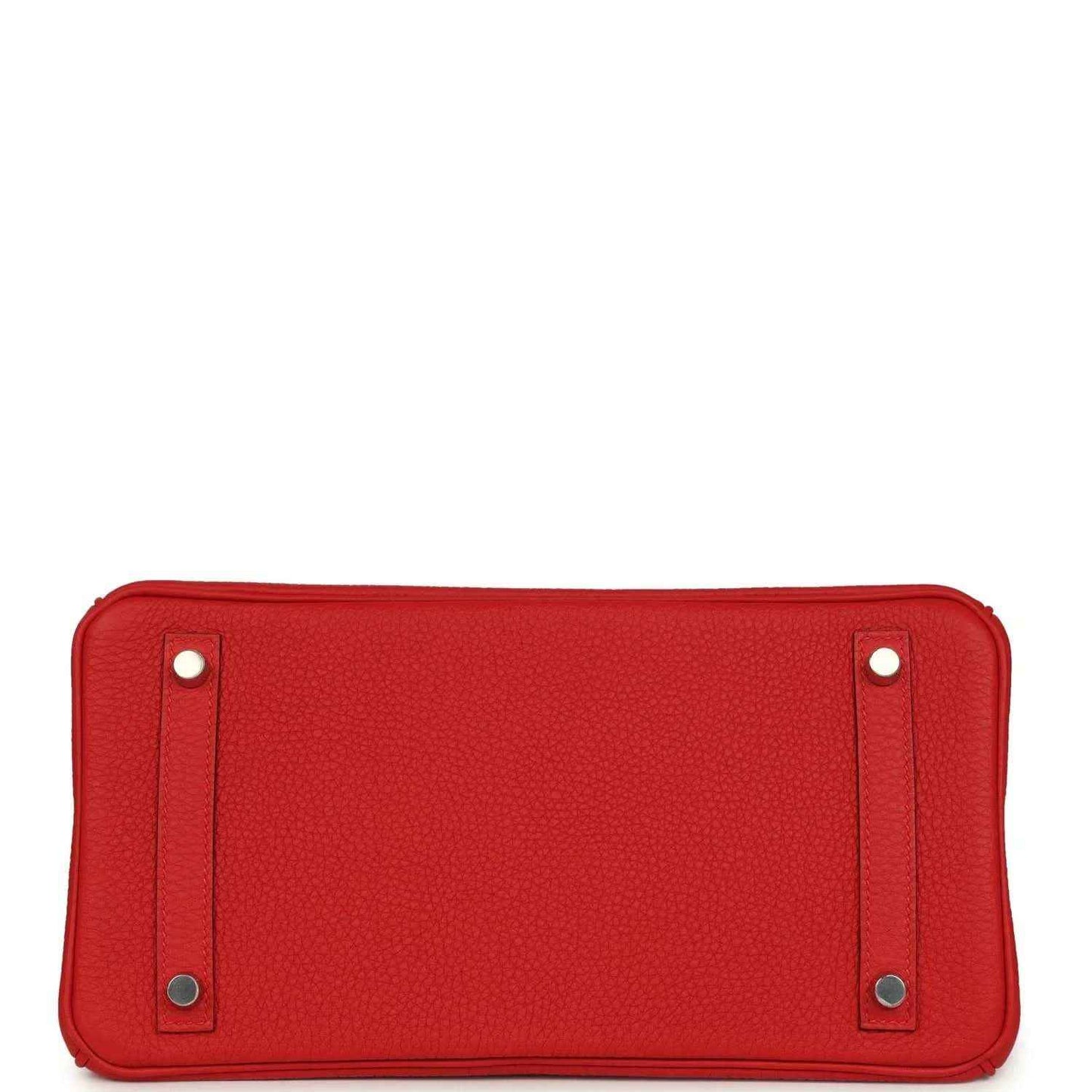 Red Togo leather Birkin 30 bag base with four metal snap buttons on back panel.